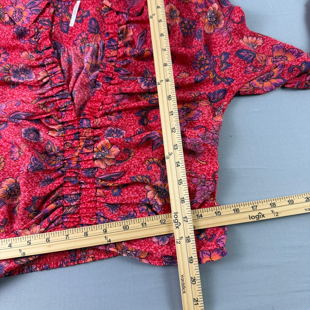 Free People Crop Top L Floral Ruched Blouse Red Pink Boho Bright Slip Smocked - Picture 9 of 16